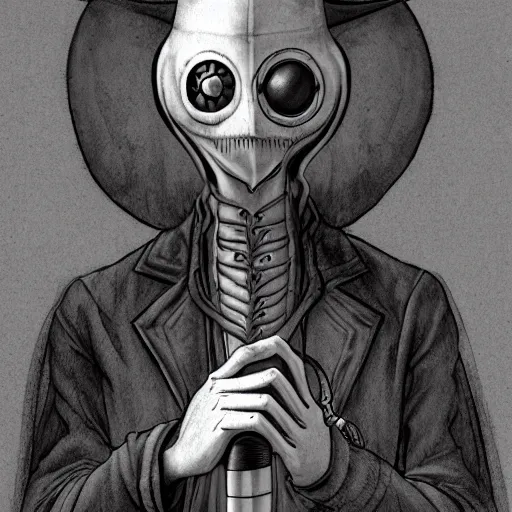 Image similar to a portrait of a plague doctor gunslinger, dark fantasy, horror, western, hell, ultrafine detailed digital pencil art by takeshi obata and mike mignola and irving penn, death note style, colored, symmetric body, cgsociety, sharp focus, detailed face, looking at the camera and pointing with a big gun