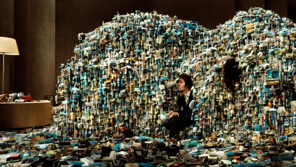 Image similar to the strange creature in a bank, made of magazines and water, film still from the movie directed by Denis Villeneuve with art direction by Salvador Dalí, wide lens