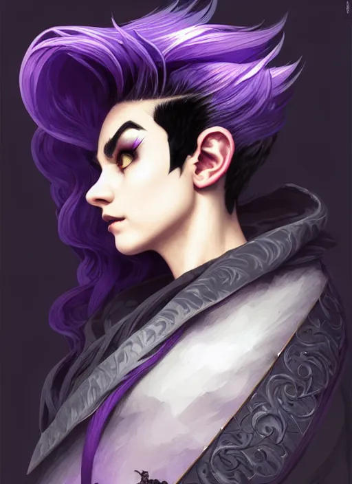 Prompt: side portrait Super Mario as dark witch, adventurer outfit large cloak, fantasy forest landscape, dragon scales, fantasy magic, undercut hairstyle, short purple black fade hair, dark light night, intricate, elegant, sharp focus, illustration, highly detailed, digital painting, concept art, matte, art by WLOP and Artgerm and Greg Rutkowski and Alphonse Mucha, masterpiece