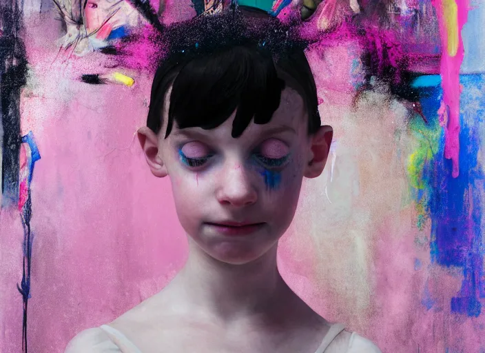 Prompt: portrait of nervous young girl ballerina focusing in a dance hall by beeple and hernan bas and francis bacon and pat steir and hilma af klint, psychological, photorealistic, symmetrical face, dripping paint, washy brush, matte painting, rendered in octane, altermodern, masterpiece