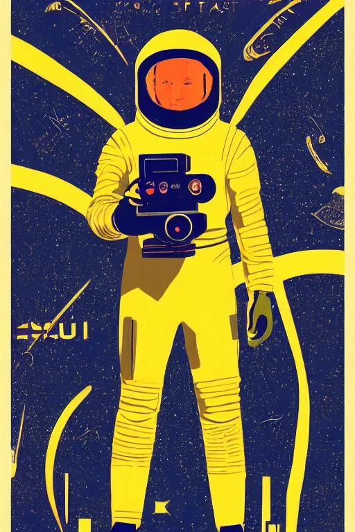 Prompt: poster art, movie poster, retrofuturism, sci - fi, textured, paper texture, 2 0 0 1 : a space odyssey by edward valigursky, saul bass and paul rand, yellow space suit, space station