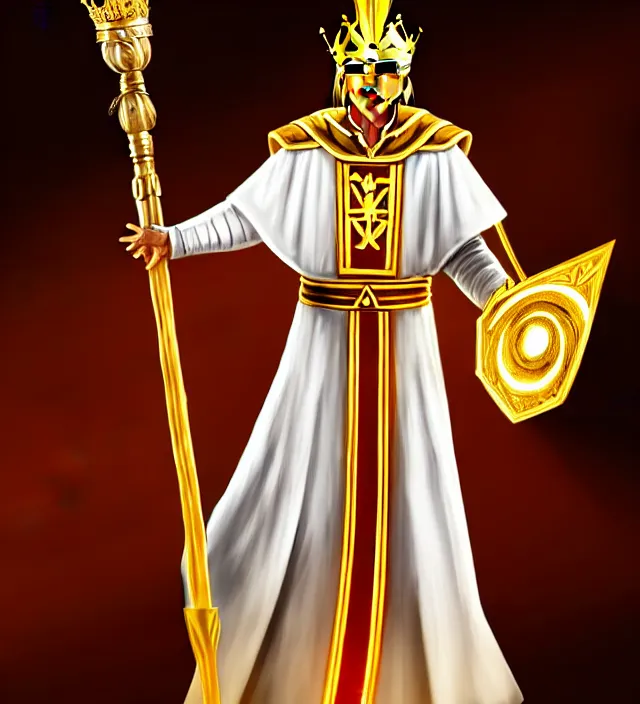 Image similar to a golden skin priest imperator in white clothes with a power and a scepter in his hands and with crown and golden mask, digital art, concept art, high detailed