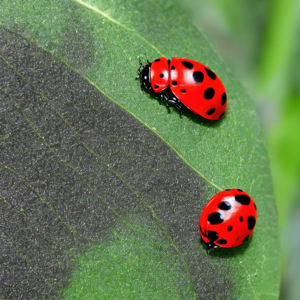 Prompt: a close up of a ladybug with a black and red striped shell on a green leaf