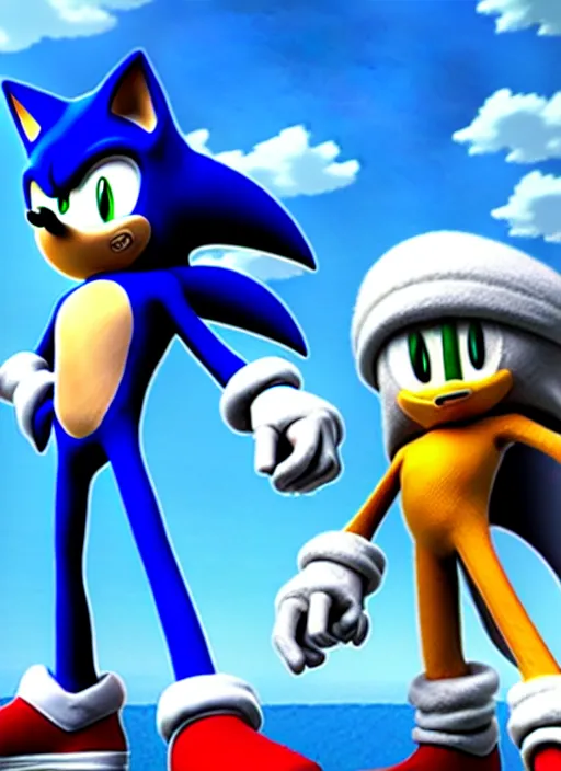 Image similar to sonic the hedgehog and jotaro kujo hanging out, unreal engine render