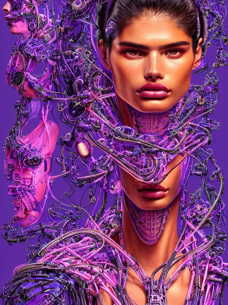 Prompt: Portrait of Sara Sampaio wearing epic bionic cyborg implants of different vibrant ultraviolet colors, detailed intricate ornate cables connected to head, by Dan Mumford and Naoto Hattori, extremely beautiful and proportionate face, in the aesthetic of mert and marcus, masterpiece, intricate, elegant futuristic wardrobe, highly detailed, digital painting, Blade Runner, artstation, concept art, crepuscular rays, smooth, sharp focus, illustration, background is fractals of stars and vibrant universe stars, cyberpunk colors, volumetric lighting, art by artgerm and james jean and Nick Sullo