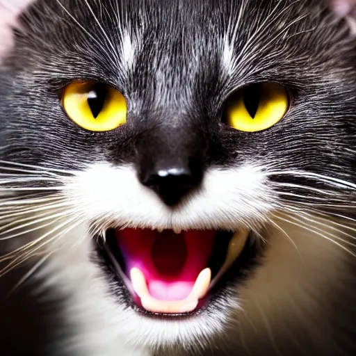 Image similar to black cat with big yellow eyes gazing at the camera with open mouth, 4 k, blurred background, uncanny