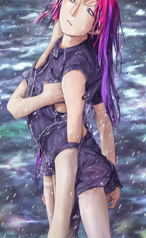 Prompt: anime, grungy woman with rainbow hair, drunk, angry, soft eyes and narrow chin, dainty figure, long hair straight down, torn overalls, boy shorts, combat boots, fishnets stockings, ripped pantyhose, basic white background, side boob, in the rain, wet shirt, symmetrical, single person, style of by Jordan Grimmer and greg rutkowski, crisp lines and color,
