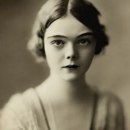 Image similar to headshot edwardian photograph of middle - aged elle fanning, 1 9 2 0 s film actress, realistic face, 1 9 3 0 s, grainy, victorian, detailed, slightly blurry