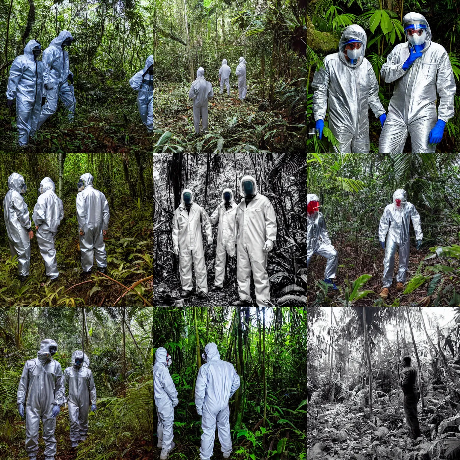 Prompt: scientists in a silver suit exploring the blood fields in the jungle, award winning photograph, sci - fi, horror