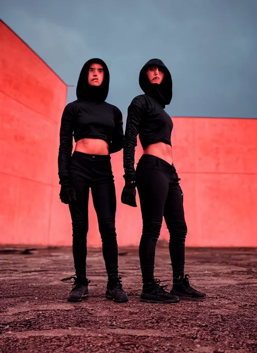 Prompt: cinestill 5 0 d photographic portrait of 2 women wearing black techwear in front of a brutalist sharp - edged metal building, closeup, on a desolate plain with a red sky, dystopia, cyberpunk, closeup, depth of field, 4 k, 8 k, hd, full color