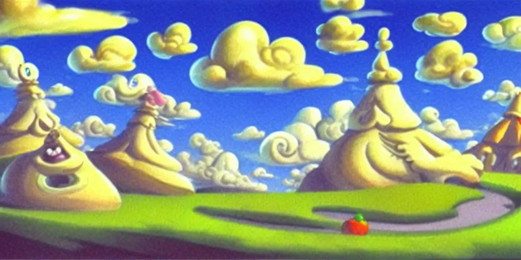 Image similar to chubby cartoon concept art, spiral clouds sky, from sam and max