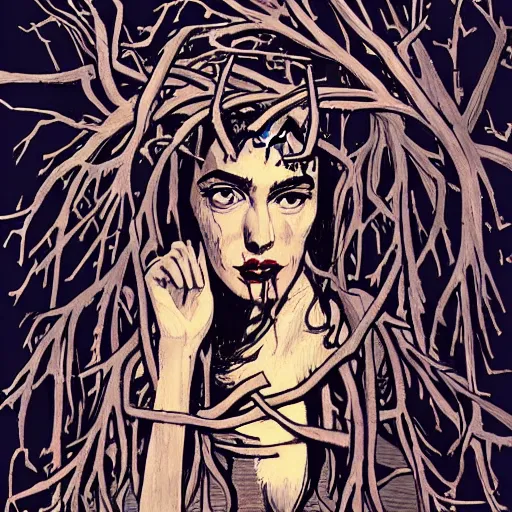 Prompt: a woman with a crown of twisted branches, by Boris Groh