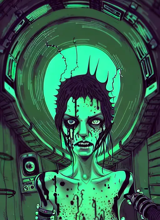 Image similar to highly detailed portrait of an moody wasteland punk long dripping green poison hair tribal zombie lady, stray wiring by atey ghailan, james gilleard, by joe fenton, by greg rutkowski, by greg tocchini, by kaethe butcher, 4 k resolution, gradient purple, brown black and white color scheme!!! ( ( green flaming robotic sewer background ) )