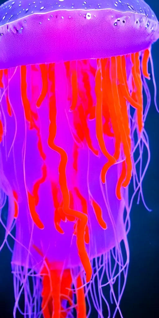 Image similar to a deep sea translucent bioluminescent jellyfish, purple and orange, hyperrealistic, extremely detailed, award winning underwater photograph