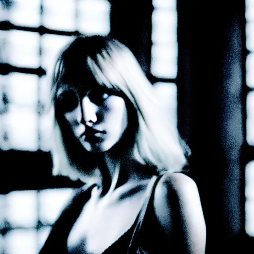 Image similar to worried, runaway beautiful supermodel replicant looking out the window in a dirty abandoned factory, short blonde hair, cyberpunk outfit, still from closed circuit tv footage, high angle