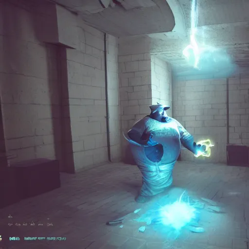 Image similar to Third person perspective of an obese man defending himself with magic against creatures in a dungeon. Octane & Unreal Engine 4 & Photography. Ray-Traced