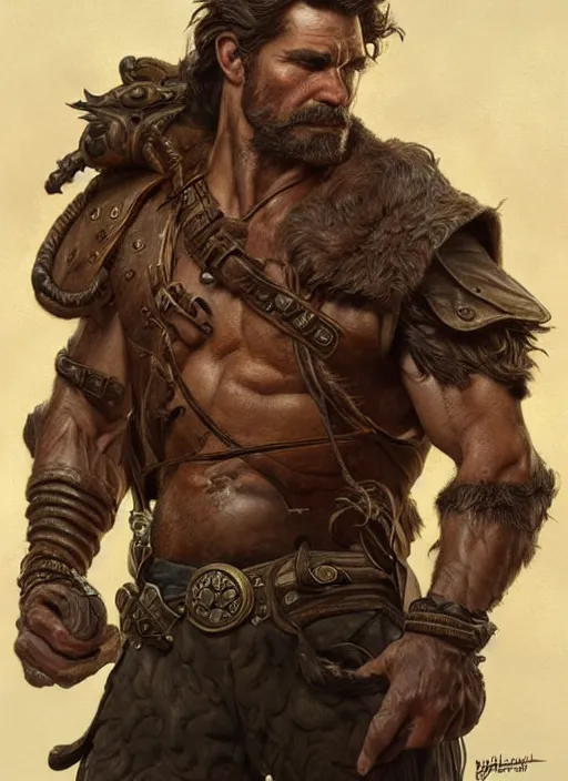 Image similar to portrait of a ruggedly handsome ranger, hands details, muscular, half body, leather, hairy, d & d, fantasy, intricate, elegant, highly detailed, digital painting, artstation, concept art, smooth, sharp focus, illustration, art by artgerm and greg rutkowski and alphonse mucha