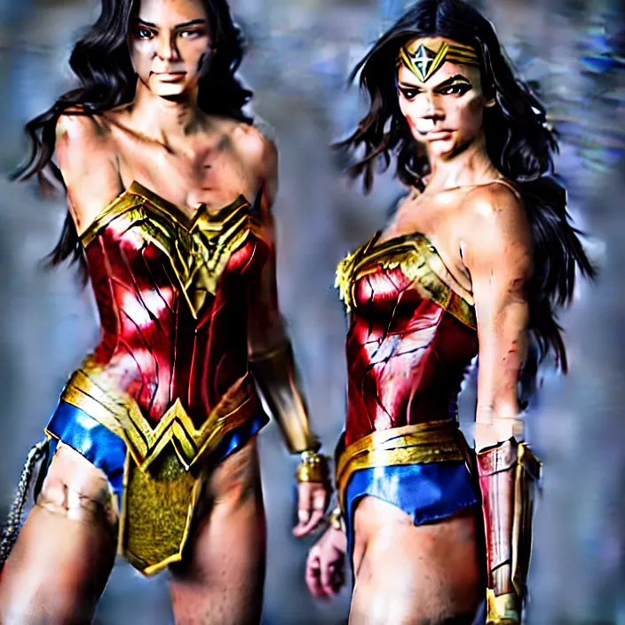 Image similar to professional full length photograph of kendall jenner as wonder woman. Extremely detailed. 8k