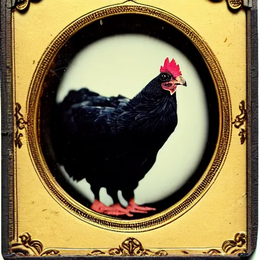 Image similar to Tintype photograph of chonky black chicken as an overweight subject. 1990s studio lighting.