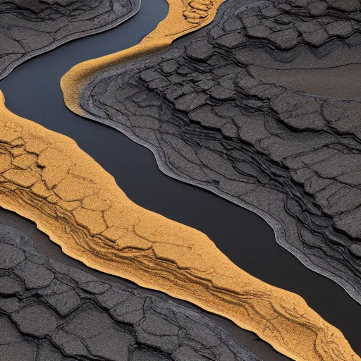 Prompt: a terraform made of black sand and golden rivers with very detailed erosions and features shot by a very advanced satellite, 8 k, octane render, nvidia