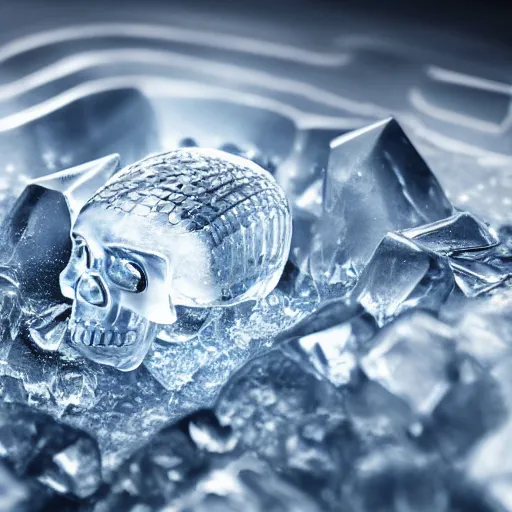 Prompt: a crystal skull inside a block of ice, high detail, 8 k, hd,