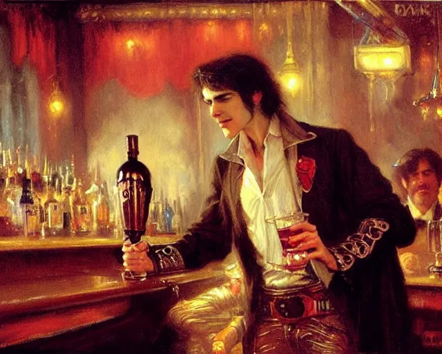 Prompt: attractive male vampire who is a russian immigrant in the new york city working as a bartender in a rock bar highly detailed painting by gaston bussiere, craig mullins, j. c. leyendecker 8 k