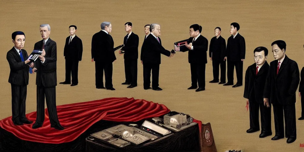 Image similar to whitehouse politicians in black handing over technology to the ccp, inspired by mark ryden, concept art, digital art