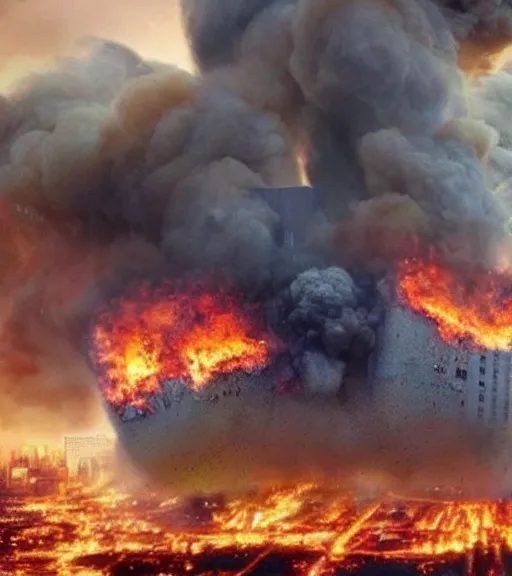 Image similar to Powerful giant destroying city, everything in fire, realistic photo, high detailed