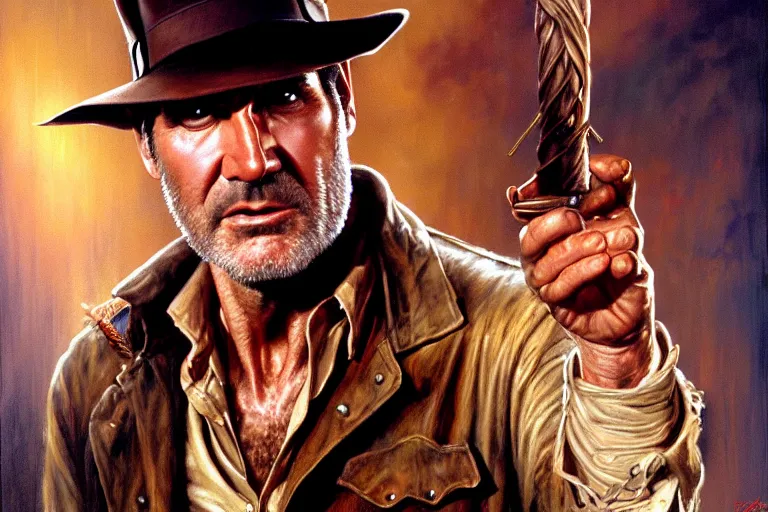 Image similar to portrait of bruce campbell as indiana jones in the temple of doom ( 1 9 8 4 ). oil painting elegant, highly detailed, centered, digital painting, artstation, concept art, smooth, sharp focus, illustration, artgerm, tomasz alen kopera, peter mohrbacher, donato giancola, joseph christian leyendecker, drew struzan
