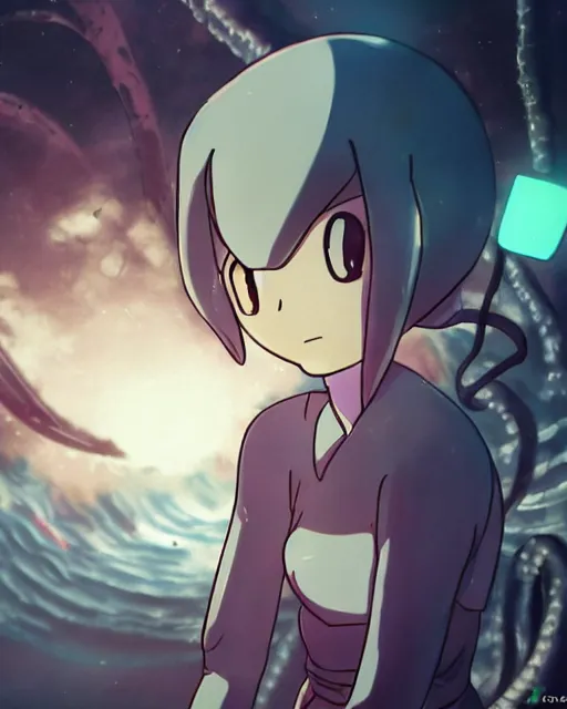 Prompt: a still from nichijou, alien environment, xenomorph, anime girl, dramatic lighting, scifi, abstract, kyoto animation