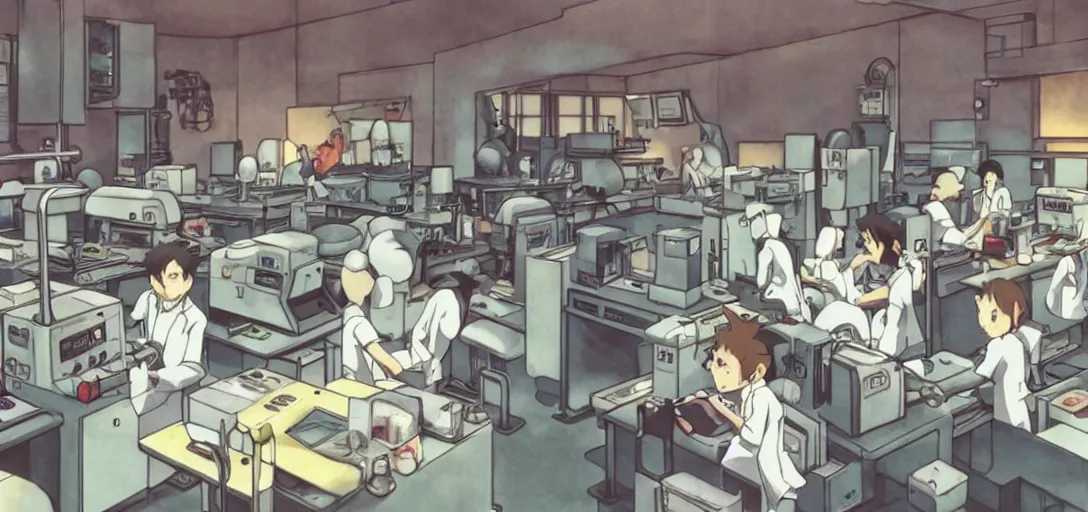 Prompt: A dimly lit laboratory with machines that clone Pokémon, art by Hayao Miyazaki, art by Studio Ghibli, anime style