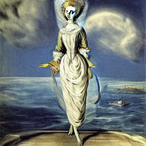 Image similar to Marie Antoinette levitating over the sea. El Greco, Remedios Varo, Salvador Dali, Carl Gustav Carus, John Atkinson Grimshaw. Blue tint. Symetrical, logo, geometric shapes.