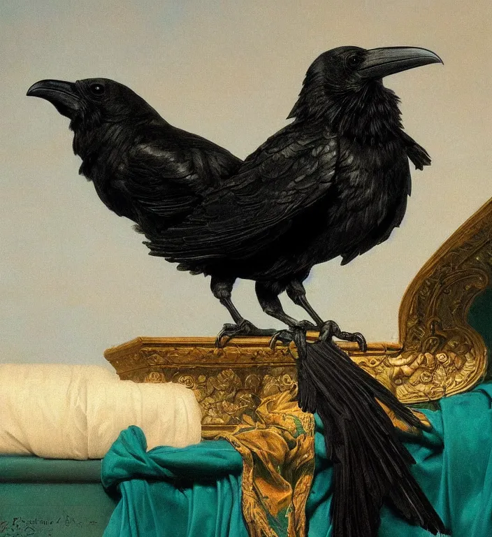 Prompt: a beautifully photoreal clear detailed victorian portrait of a close up raven on a victorian windowsill with an ornate velvet dark teal curtain at beautiful sunset daytime nature sunlit painting by frederic leighton and turner and rosetti, 8 k, octane render