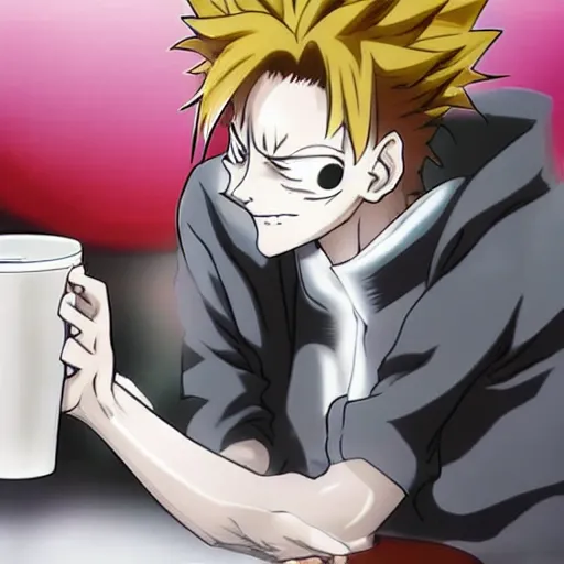 Prompt: a photo hisoka from hunterxhunter drinking coffee