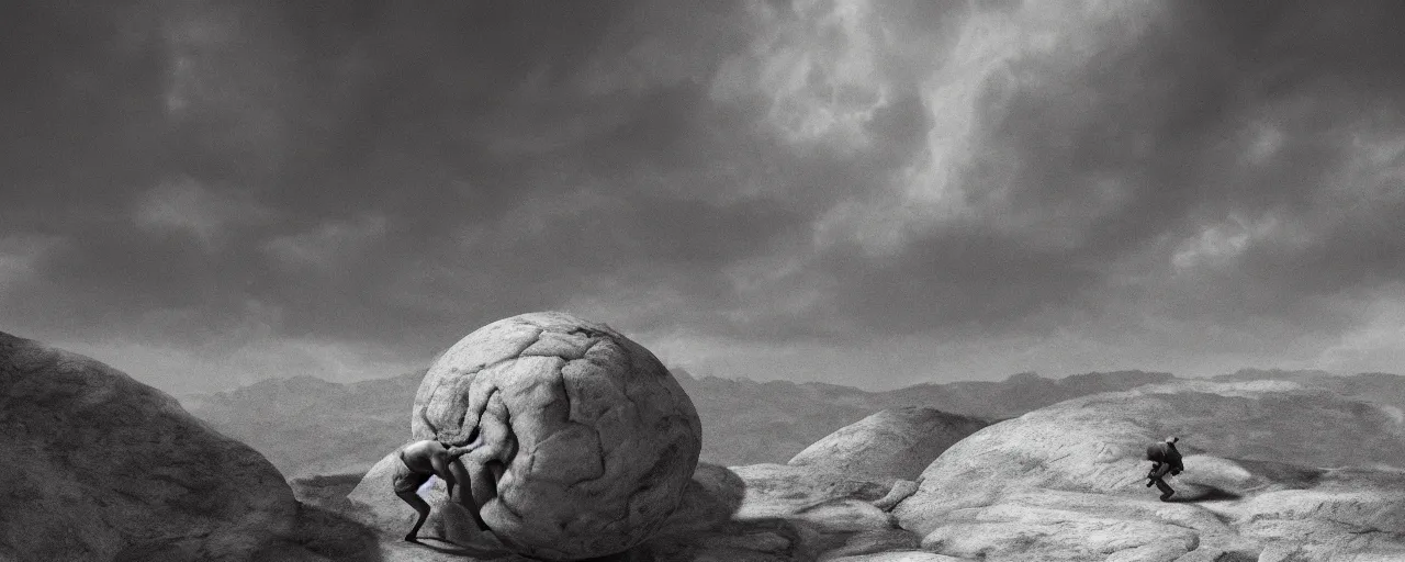 Prompt: Sisyphus rolling a stone up a mountain, the stone is round, the mountain is steep, melancholic mood, photo realistic, 8k, HD, trending on artstation