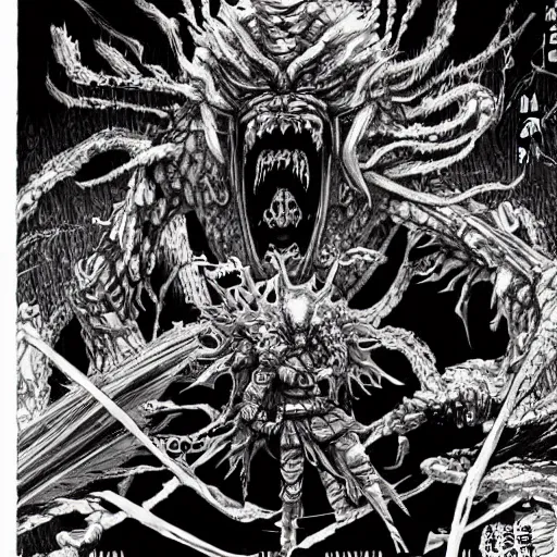 Prompt: high quality detailed japanese manga cover, art by kentaro miura, tsutomu nihei, q hayashida, colorful and vibrant style, monster based, japanese text, prominent bold title