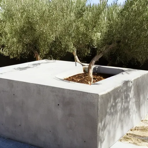 Prompt: large concrete pot on the rooftop, olive trees, comfortable for seating