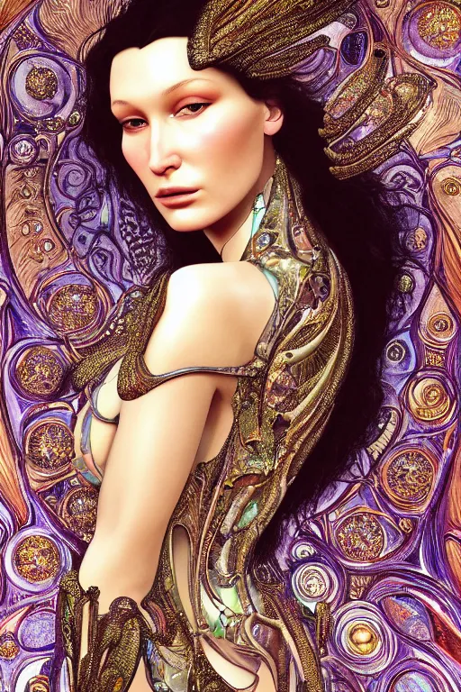 Image similar to a highly detailed portrait of a beautiful alien woman goddess bella hadid in iris van herpen dress in diamonds and fractals in style of alphonse mucha art nuvo gustav klimt dmt trending on artstation made in unreal engine 4