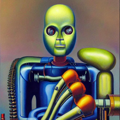 Prompt: biomechanical robot with soulful eyes portrait, lowbrow, pj crook, grant wood, edward hopper, oil on canvas