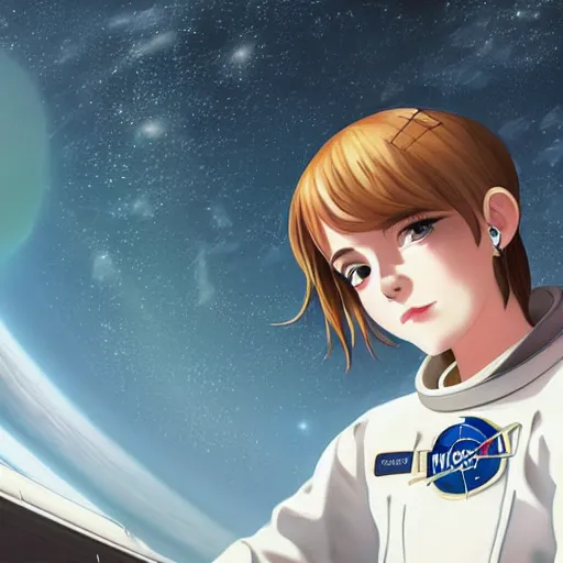 Image similar to emma watson light novel illustration as an astronaut by makoto shinkai