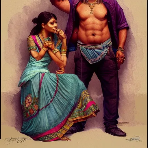 Prompt: an indian man and a chav in a pub, real life skin, intricate, elegant, highly detailed, artstation, concept art, smooth, sharp focus, art by artgerm and greg rutkowski and alphonse mucha