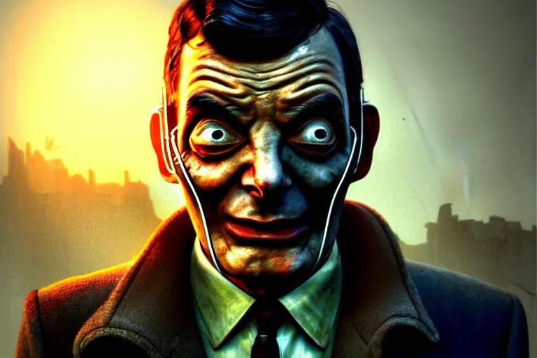 Prompt: fallout 5, detective mr bean as protagonist, face closeup, atmospheric lighting, painted, intricate, volumetric lighting, beautiful, daytime, winter, clear weather, mutated wildlife, sharp focus, deep colours, ultra detailed, art by william turner