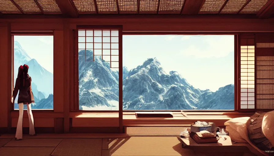 Prompt: woman on the floor looking mountains through windows in old japanese house built on mountains, hyperdetailed, artstation, cgsociety, 8 k