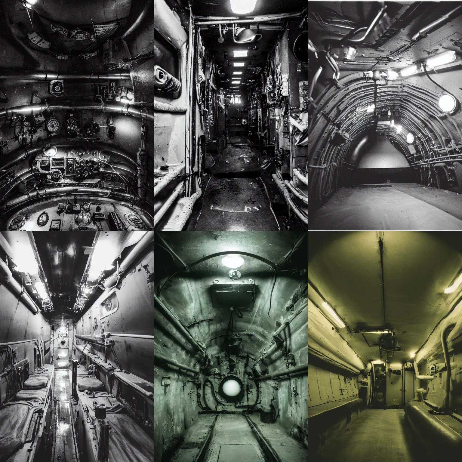 Prompt: creepy film photos of the interior of an empty submarine, grainy, eerie, dark, flash light, 4k, high quality