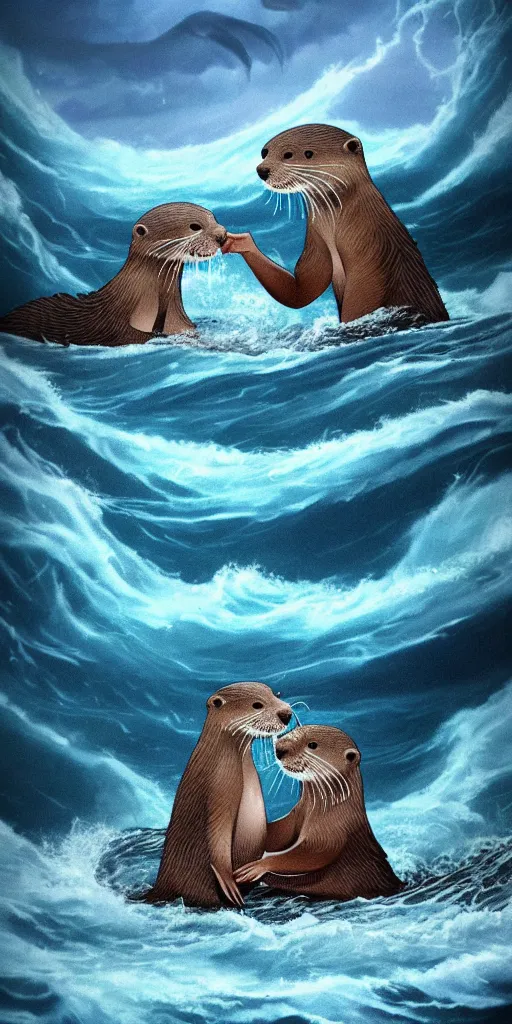 Image similar to An adorable Otter saving his wife from the whirlpool, in love holding hands side by side, in the middle of a super scary storm at sea, thunder, lightning, waves, fantasy illustration, cinematic, award winning, romantic, detailed trending on artstation, masterpiece