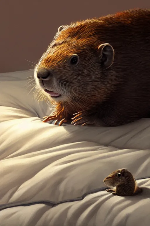 Image similar to drug addicted groundhog lies on the bed, realistic portrait, highly detailed, digital painting, artstation, concept art, smooth, sharp focus, illustration, cinematic lighting, art by artgerm and greg rutkowski and alphonse mucha