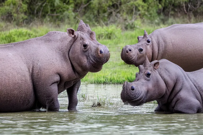 Prompt: a Hippopotamus string at a Rhinoceros, both preparing themselves to what is to come next