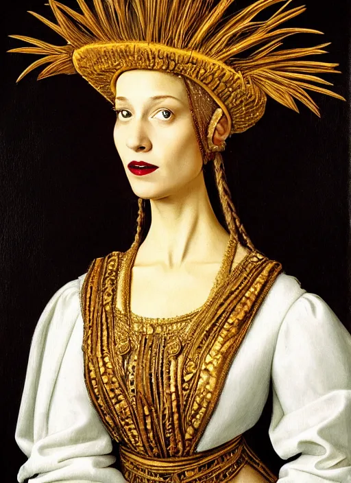 Image similar to portrait of young woman in renaissance dress and renaissance headdress, style by the fifth element