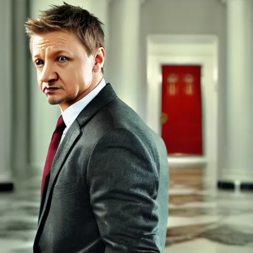 Image similar to jeremy renner as a security guard for the white house, photorealistic, cinematic lighting