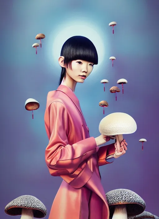 Image similar to pretty chinese model with futuristic mushroom : : by martine johanna and simon stalenhag and chie yoshii and casey weldon and wlop : : ornate, dynamic, particulate, rich colors, intricate, elegant, highly detailed, vogue, harper's bazaar art, fashion magazine, smooth, sharp focus, 8 k, octane render,